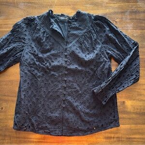 Zesica Womens Black Eyelet Laced Lined Long Sleeve Button Up Shirt Medium M